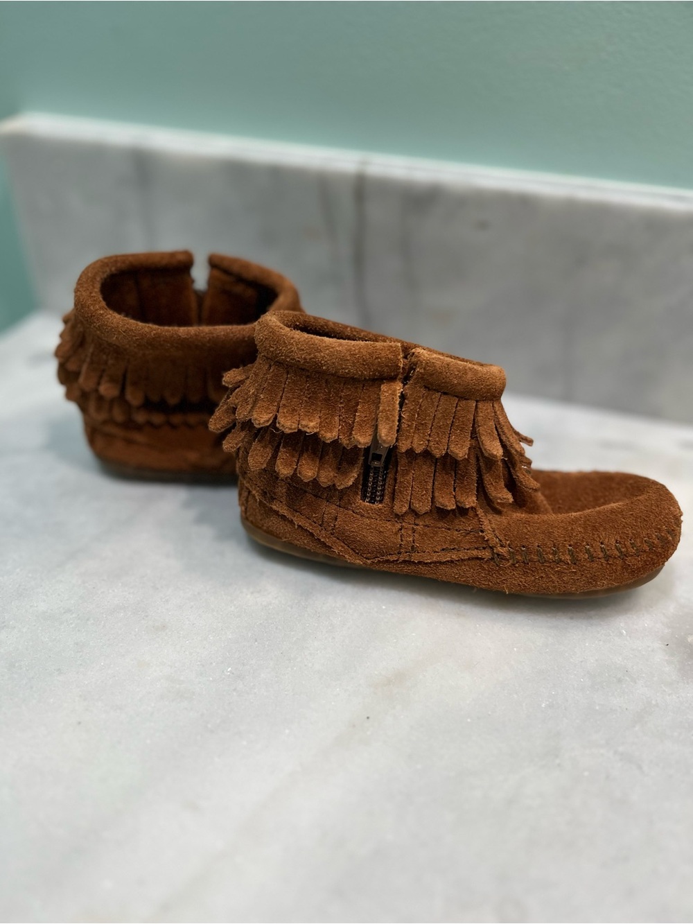 Minnetonka Double Fringe Side Zip Brown Leather Boots Toddler 6 EUC